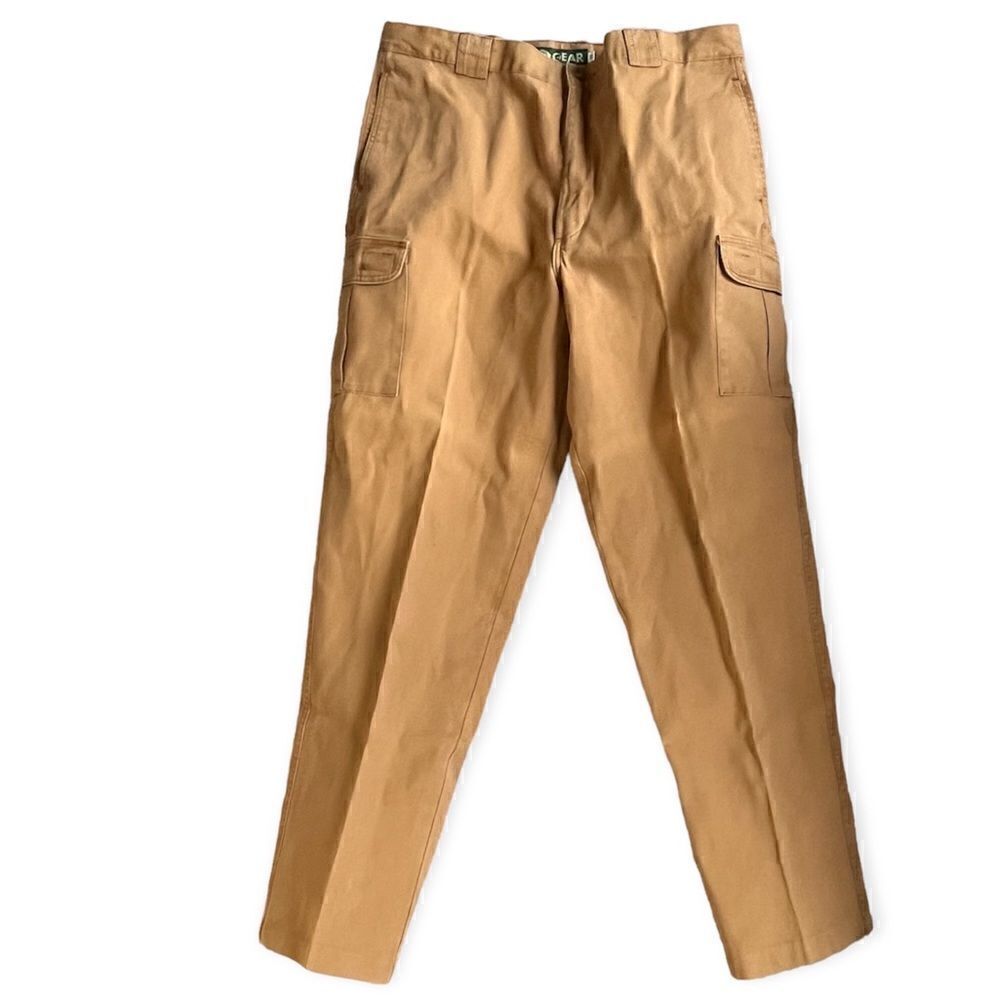 VINTAGE LAND ROVER GEAR KHAKI CARGO PANTS 38x32 BROWN COTTON MADE IN USA NWOT